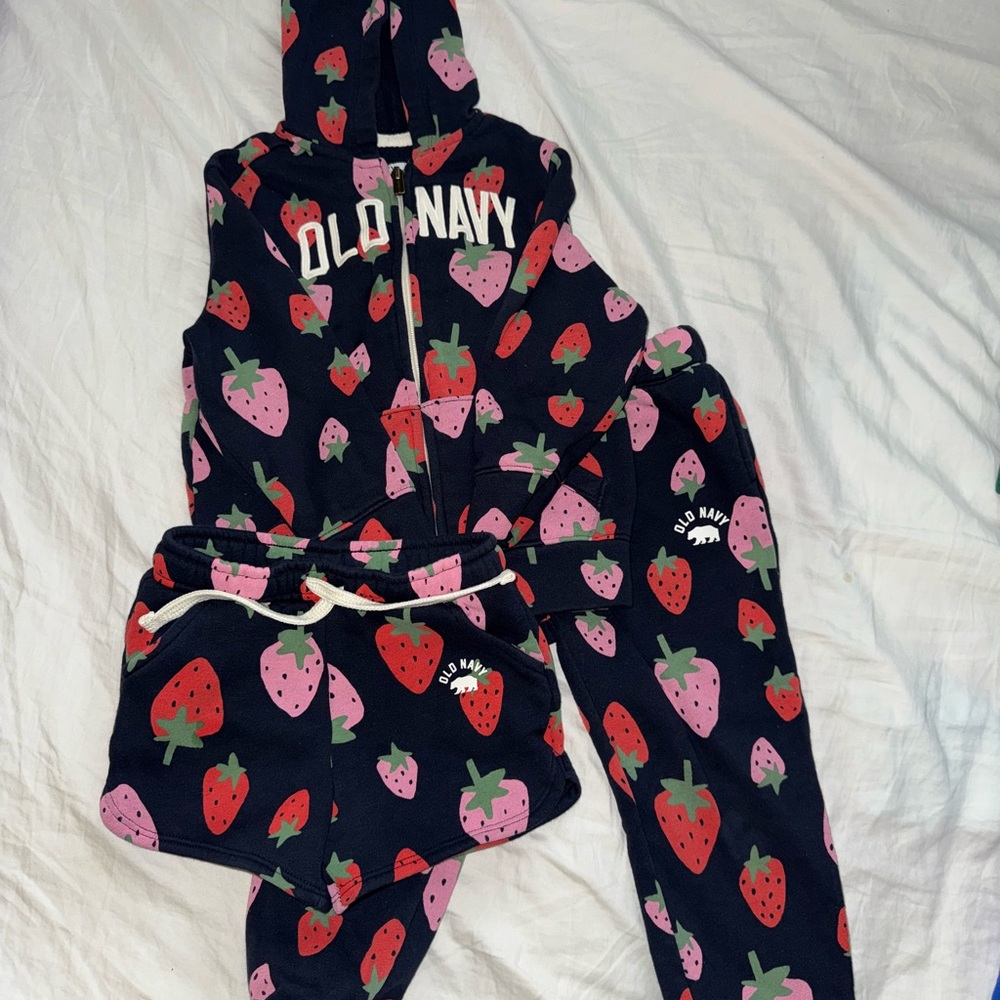 Old Navy, Navy blue Hoodie, Joggers and Shorts with Strawberry Print
